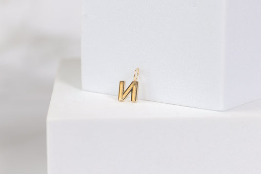 14K Gold Thick Block Style Letter Charm with Fixed Jump Ring - N